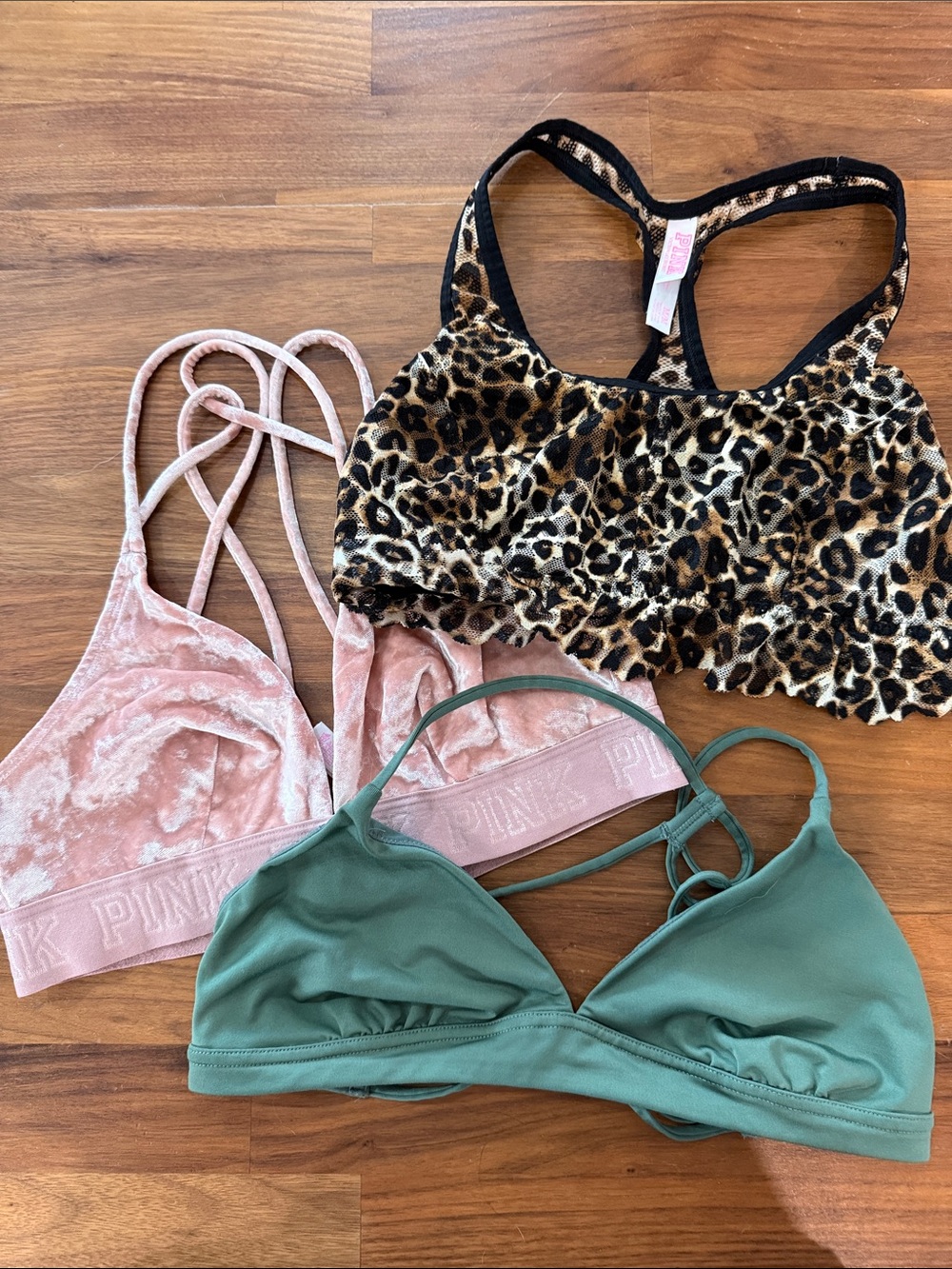 PINK Victoria's Secret Leopard, Blush Pink & Sage Green Bralette Trio